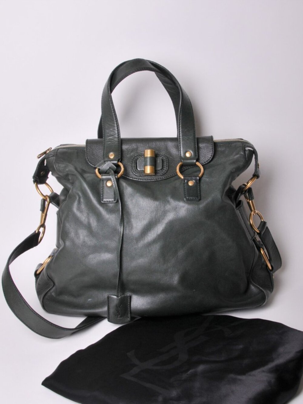 YSL Yves Saint Laurent Dark Green Leather Rive Gauche Messenger Bag - Authentic